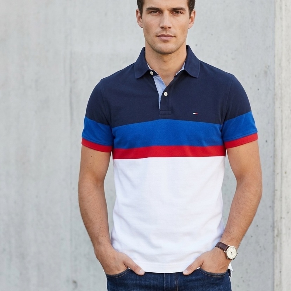 Tommy Hilfiger Men’s Navy, Royal Blue, Red & White Striped Polo